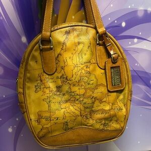 Vintage Map Print Leather Handbag